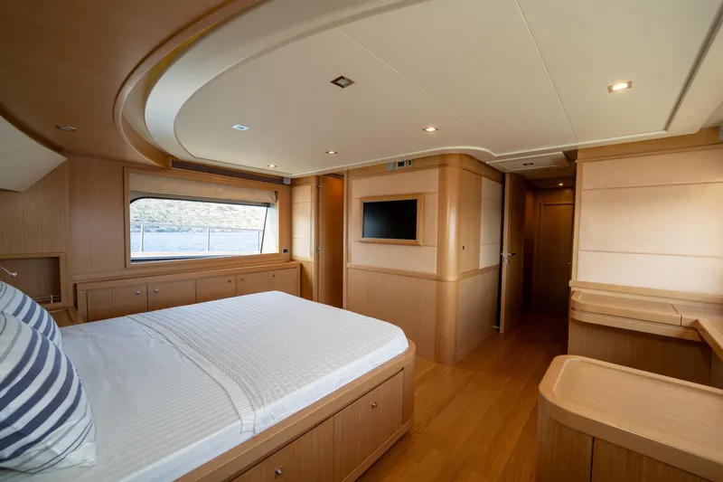 La Luce Yacht Photos Pics Luxurious bedroom interior of 2008 Custom Line Navetta 26 yacht with modern wood finish.