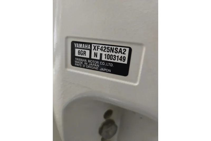  Yacht Photos Pics Yamaha motor label on 2020 Regulator 41, model XF425NSA2, made in Japan.