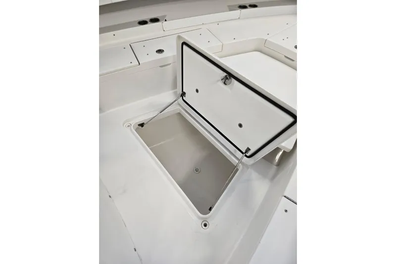  Yacht Photos Pics Open storage compartment on 2020 Regulator 41 boat deck.