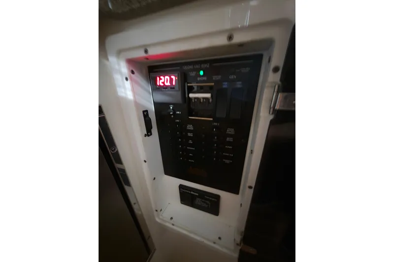  Yacht Photos Pics Electrical panel of 2020 Regulator 41 boat displaying voltage reading.