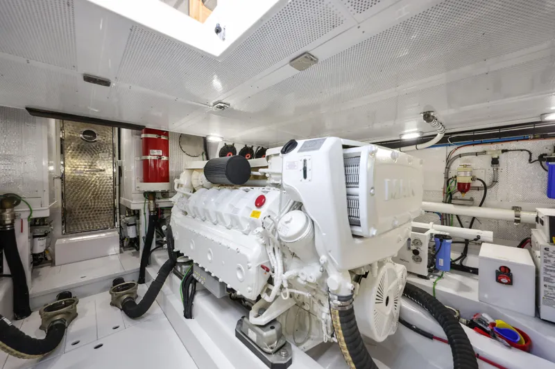 Bebe Deux Yacht Photos Pics Engine room of 2023 Vicem 65 Classic yacht, featuring a MAN engine and modern equipment.