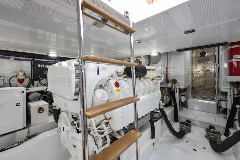 Bebe Deux Yacht Photos Pics Engine room of 2023 Vicem 65 Classic yacht, featuring modern equipment and sleek design.