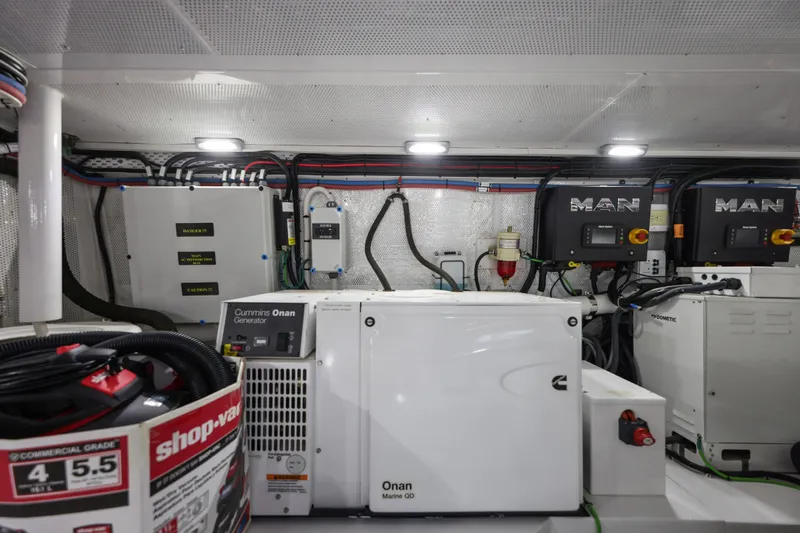 Bebe Deux Yacht Photos Pics Engine room of 2023 Vicem 65 Classic yacht with Cummins Onan generator and MAN systems.