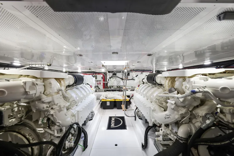Bebe Deux Yacht Photos Pics Engine room of 2023 Vicem 65 Classic yacht, featuring dual MAN engines.