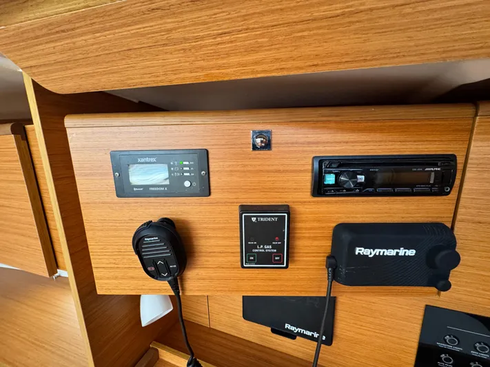  Yacht Photos Pics Control panel of 2021 Dufour 360 yacht with navigation and communication equipment.