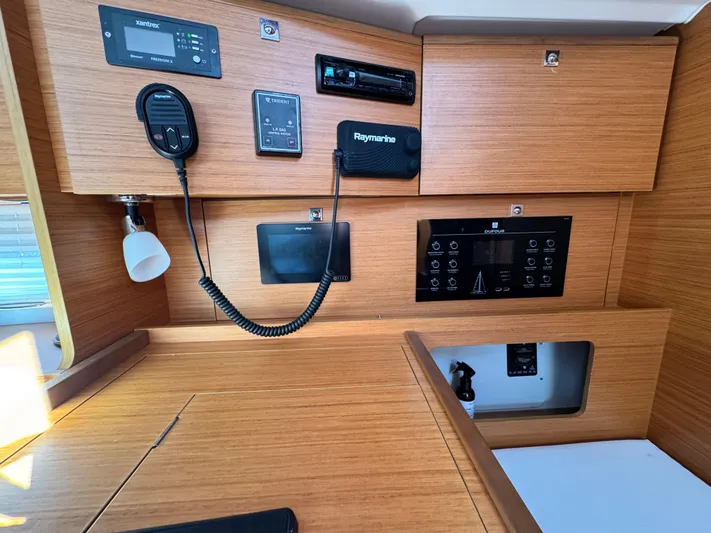  Yacht Photos Pics Dufour 360 yacht interior control panel, 2021 model, featuring navigation and communication equipment.