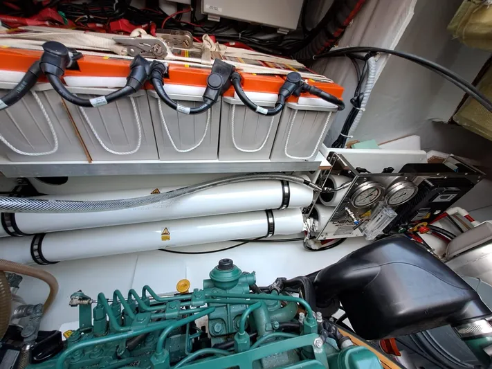  Yacht Photos Pics Engine room of 2018 Fountaine Pajot Saona 47 catamaran with visible machinery and components.