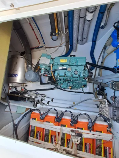  Yacht Photos Pics Engine room of 2018 Fountaine Pajot Saona 47 with visible engine and batteries.