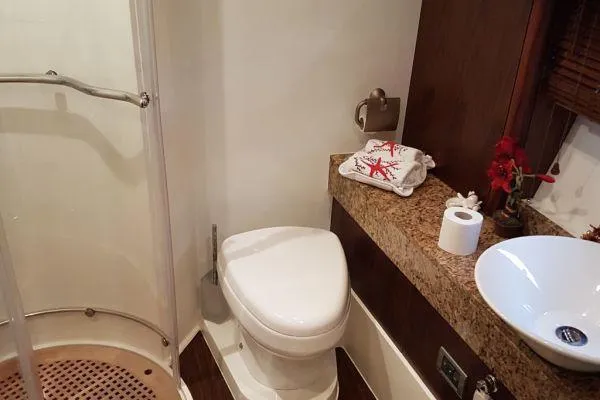  Yacht Photos Pics Luxurious bathroom in 2008 Sunseeker Predator 72 yacht with modern amenities.