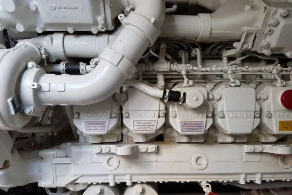  Yacht Photos Pics Engine components of a 2008 Sunseeker Predator 72 yacht, showcasing intricate mechanical details.