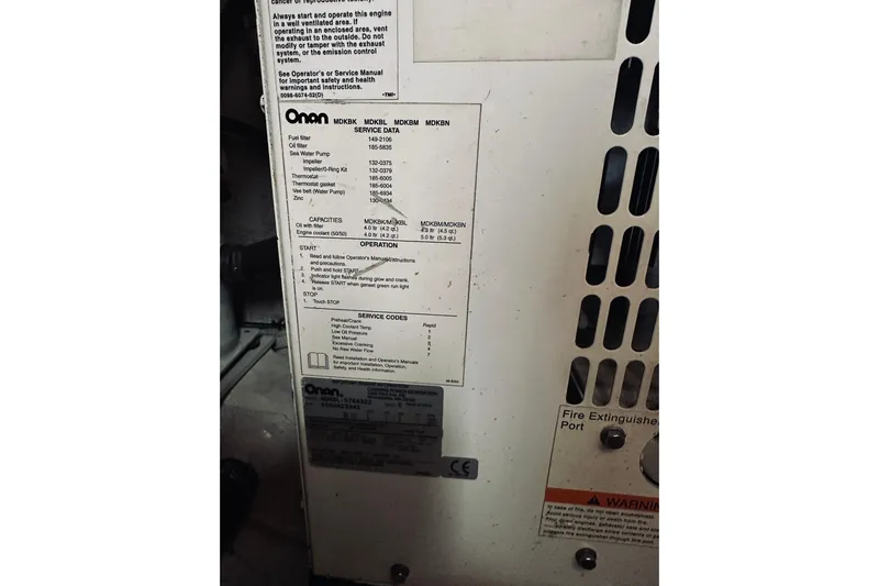 Grand Finale Yacht Photos Pics Onan generator service data label on a 2008 Sabre 38 Hard Top Express.