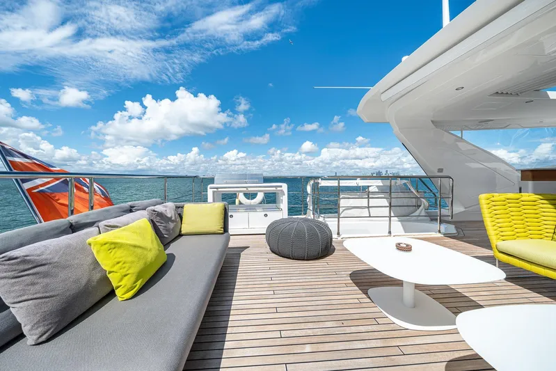 No Name Yacht Photos Pics Luxurious deck of 2022 Azimut Grande 27 METRI yacht with modern seating and ocean view.