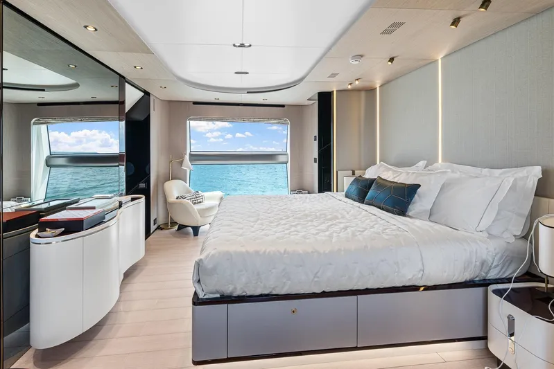 No Name Yacht Photos Pics Luxurious bedroom interior of 2022 Azimut Grande 27 METRI yacht with ocean view.