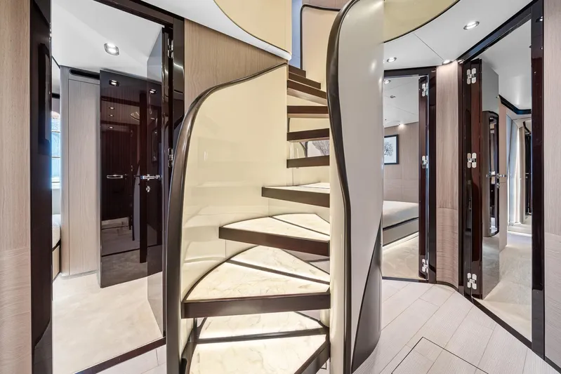 No Name Yacht Photos Pics Luxurious interior of 2022 Azimut Grande 27 METRI yacht with elegant spiral staircase.