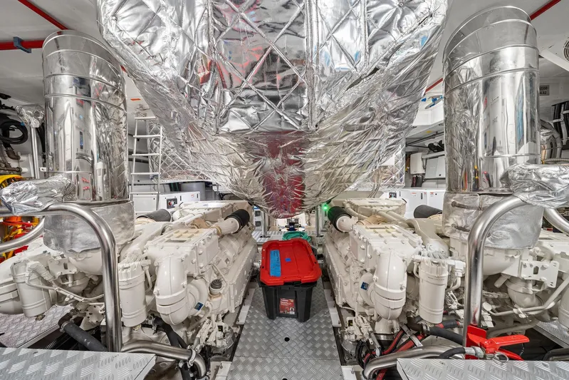 No Name Yacht Photos Pics Engine room of 2022 Azimut Grande 27 METRI yacht, featuring advanced machinery and insulation.