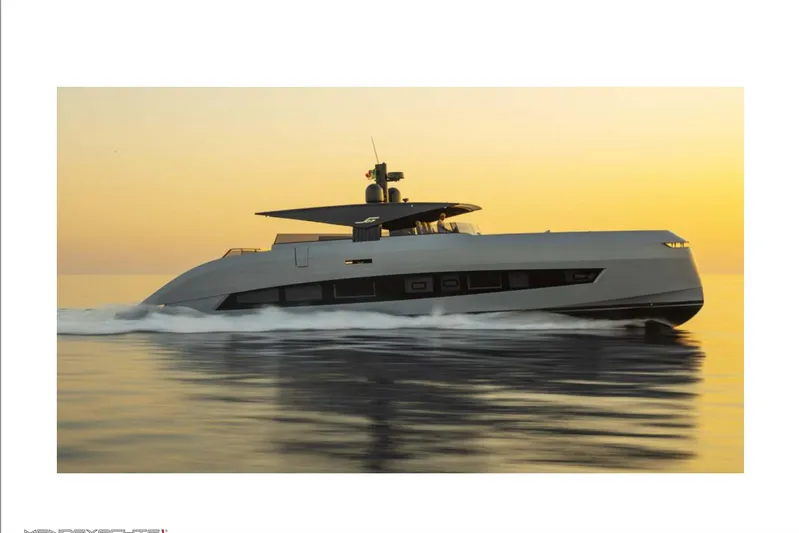  Yacht Photos Pics Luxury MandaYachts 8 SPIDER 2025 cruising at sunset on calm waters.