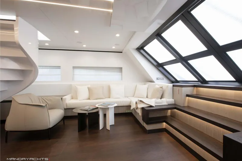  Yacht Photos Pics Luxurious interior of 2025 MandaYachts 8 SPIDER with modern seating and large windows.
