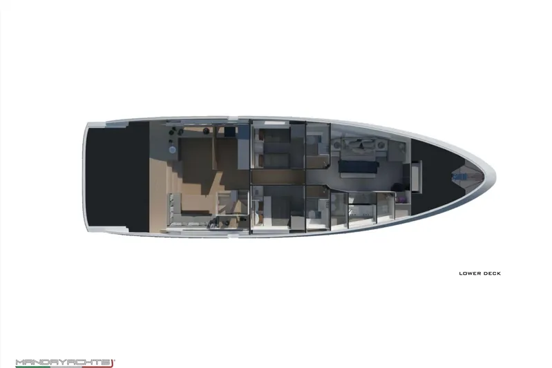  Yacht Photos Pics Lower deck layout of 2025 MandaYachts 8 SPIDER, showcasing interior design and room arrangement.