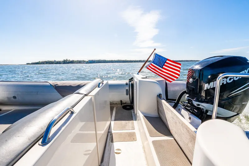 Osprey Yacht Photos Pics 2008 Protector 410 Targa boat with US flag and Mercury engine.
