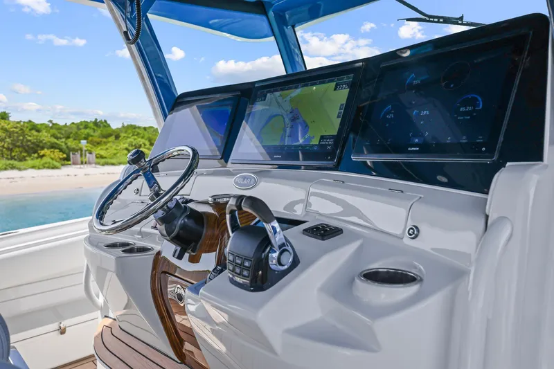 Polar II Yacht Photos Pics Helm of 2020 HCB 53 boat with advanced navigation displays and controls.