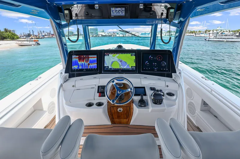 Polar II Yacht Photos Pics Helm of 2020 HCB 53 boat with advanced navigation displays and controls.