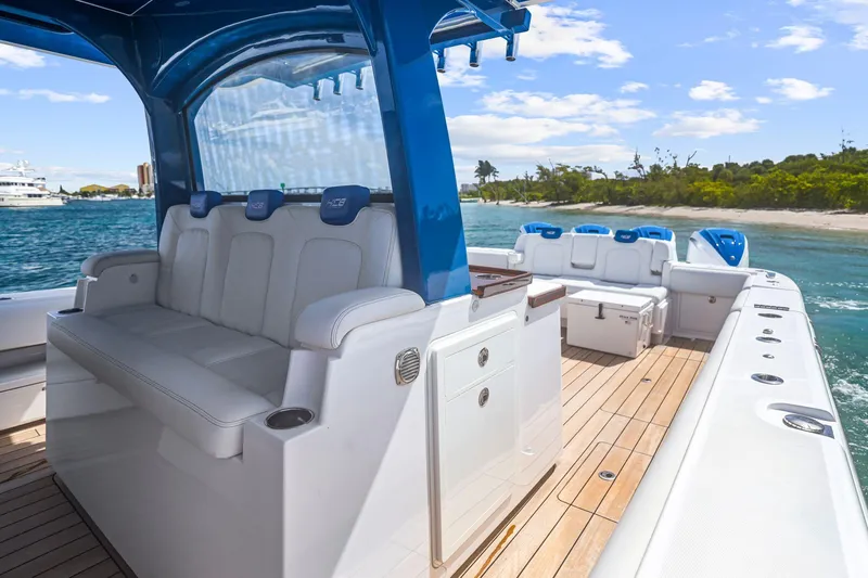 Polar II Yacht Photos Pics Luxury HCB 53 boat interior with seating, ocean view, and clear sky, 2020 model.