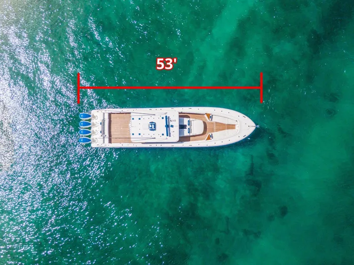 Polar II Yacht Photos Pics Aerial view of 2020 HCB 53-foot yacht on turquoise water.