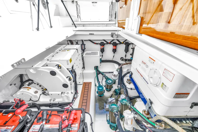  Yacht Photos Pics Engine room of 2023 Boston Whaler 405 Conquest, showcasing mechanical components and systems.