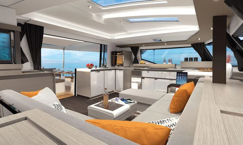  Yacht Photos Pics Luxurious interior of 2024 Fountaine Pajot Catamaran Elba 45 with modern design and ocean view.