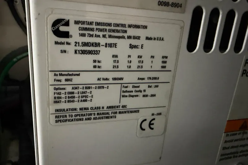  Yacht Photos Pics Cummins power generator label on 2014 Sea Ray 540 Sundancer, model 21.5MDKBR-8107E.