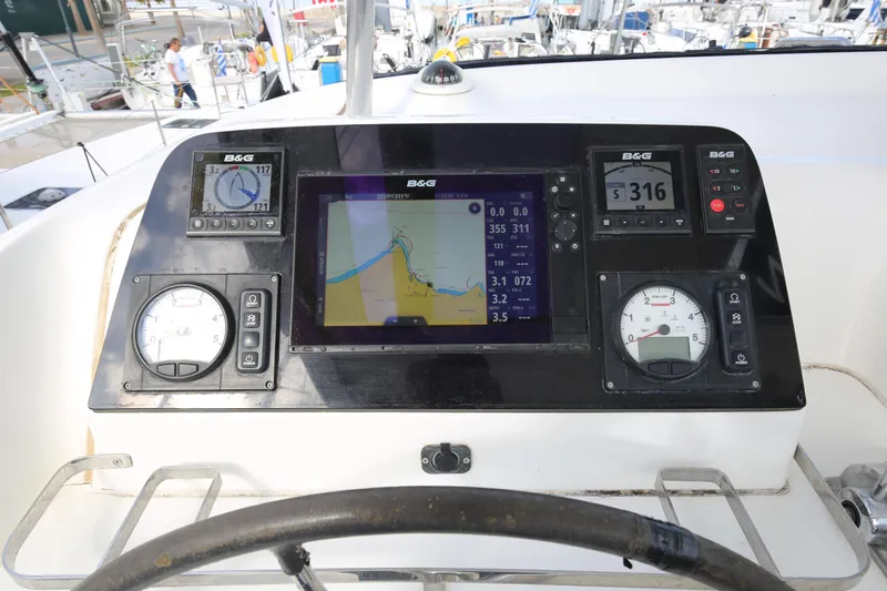 Petalida Yacht Photos Pics Lagoon 42 yacht dashboard with navigation instruments, 2017 model.