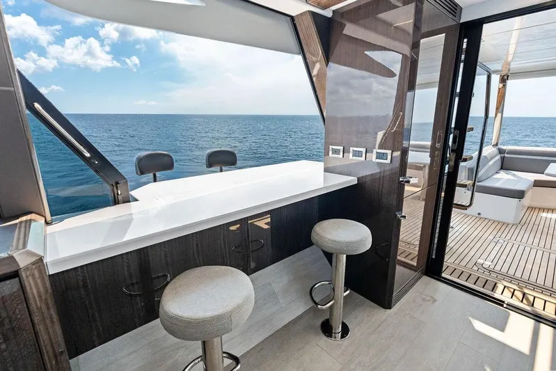 Triple T Yacht Photos Pics Luxurious interior of 2022 Galeon 640 Fly yacht with ocean view and modern seating.