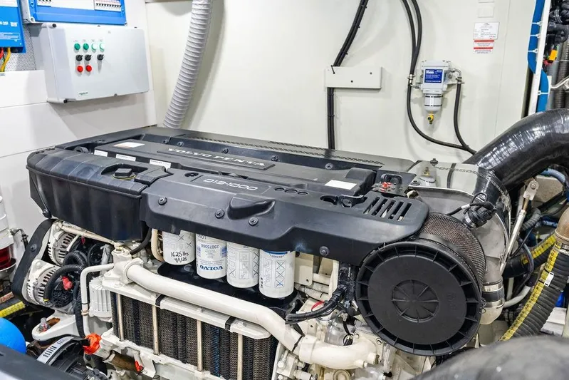 Triple T Yacht Photos Pics Engine room of 2022 Galeon 640 Fly yacht featuring Volvo Penta engine.