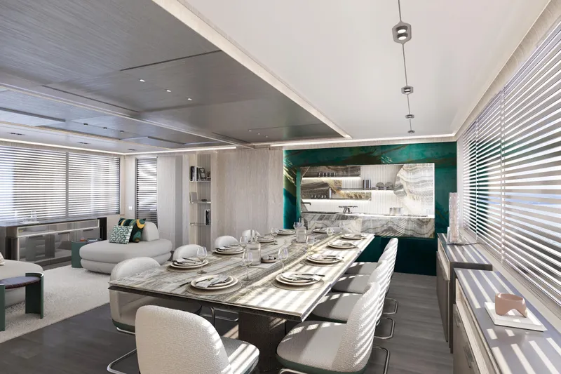  Yacht Photos Pics Luxurious dining area on 2027 Cantieri di Pisa Akhir 44 yacht, featuring elegant table settings and modern decor.