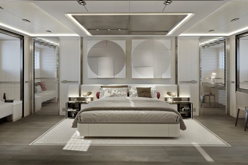  Yacht Photos Pics Luxurious bedroom interior on 2027 Cantieri di Pisa Akhir 44 yacht, featuring modern design and elegant decor.