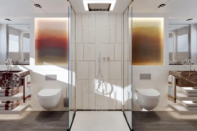  Yacht Photos Pics Luxurious bathroom on Cantieri di Pisa Akhir 44 yacht, featuring modern design and elegant fixtures.