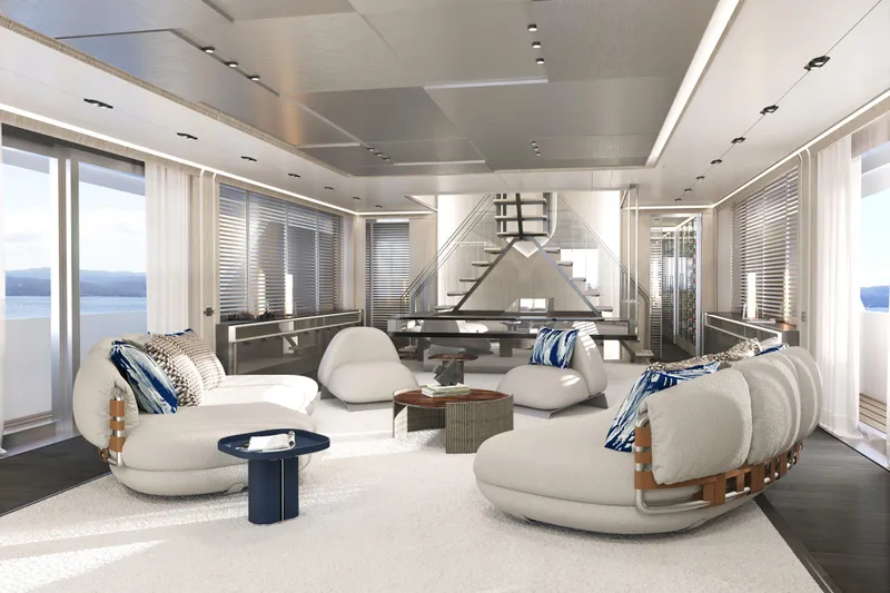  Yacht Photos Pics Luxurious interior of 2027 Cantieri di Pisa Akhir 44 yacht, featuring modern seating and elegant decor.
