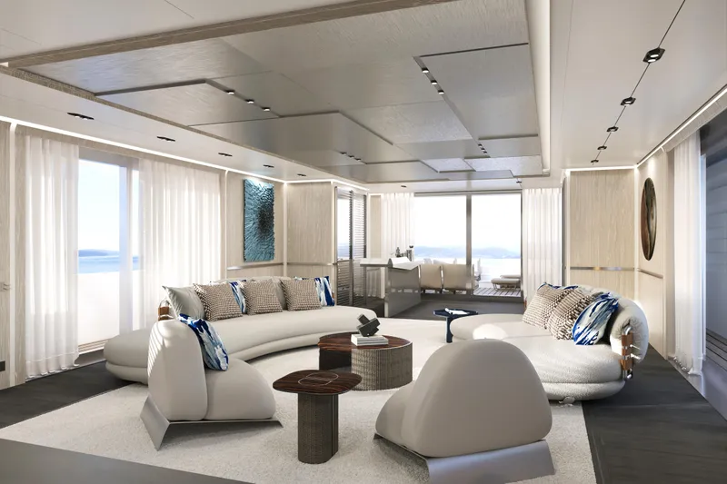  Yacht Photos Pics Luxurious interior of 2027 Cantieri di Pisa Akhir 44 yacht, featuring modern seating and elegant decor.
