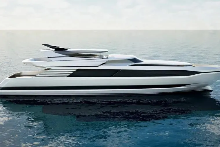  Yacht Photos Pics Luxury yacht Cantieri di Pisa Akhir 44, 2027 model, sleek design on calm ocean waters.