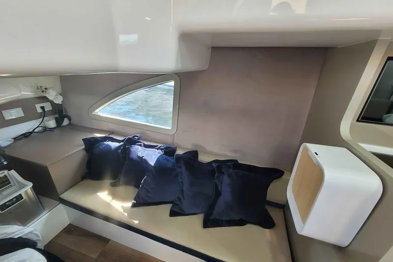  Yacht Photos Pics Interior of 2024 Hanover 387 yacht with cozy seating and modern design.