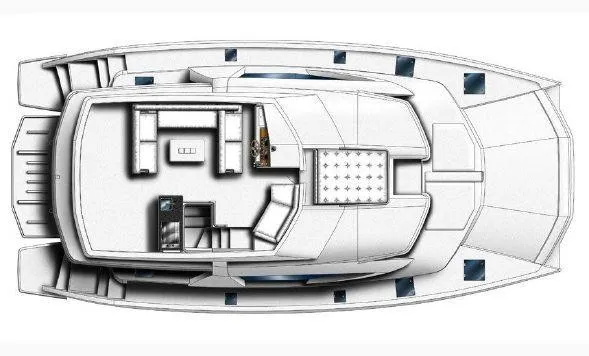 Jamsam Yacht Photos Pics Top view layout of a 2017 Leopard 51 Powercat yacht, showcasing spacious interior design.