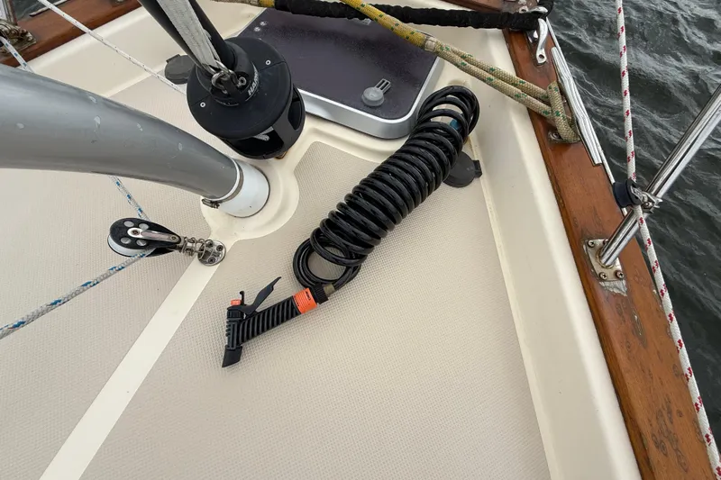 Pelican Yacht Photos Pics Deck of 2008 Island Packet 370 sailboat with coiled rope and rigging.