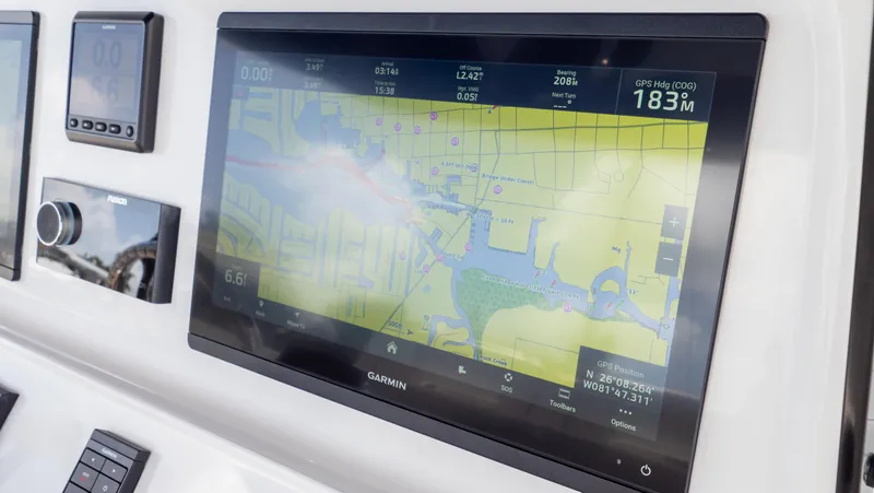  Yacht Photos Pics Navigation display on 2022 Intrepid 345 Valor boat, showing a detailed marine map.