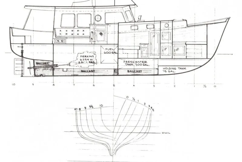  Yacht Photos Pics Blueprint of 1997 Willard Marine 40 Pilothouse Trawler, showing side and hull views.