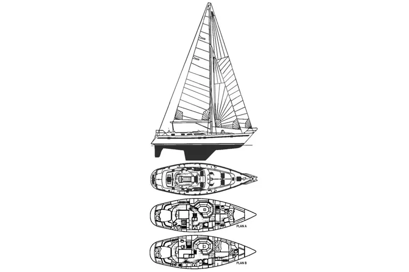  Yacht Photos Pics Line drawing of 1989 Taswell 43 sailboat with detailed deck and interior plans.
