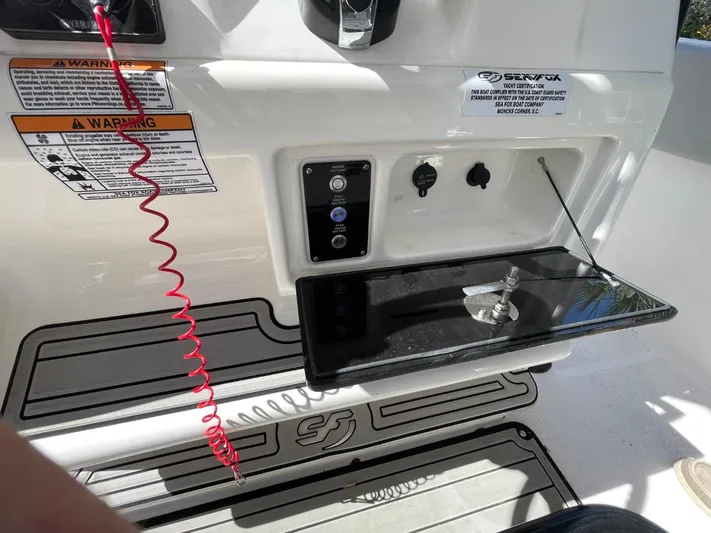  Yacht Photos Pics 2024 Sea Fox 288 Commander control panel with safety features and warning labels.