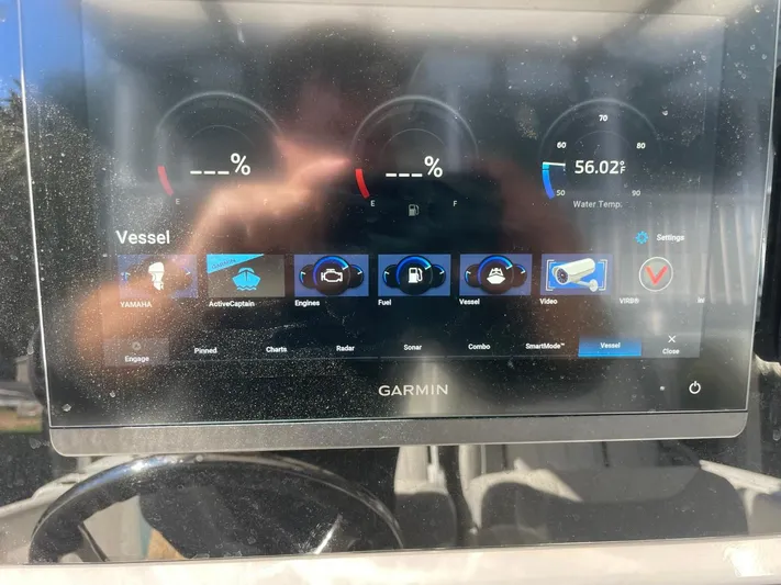  Yacht Photos Pics Garmin display on 2024 Sea Fox 288 Commander showing vessel controls and water temperature.