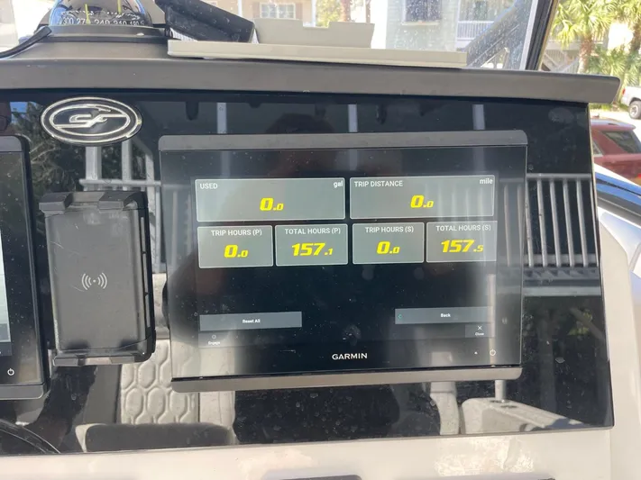  Yacht Photos Pics Garmin display on 2024 Sea Fox 288 Commander showing trip and total hours.