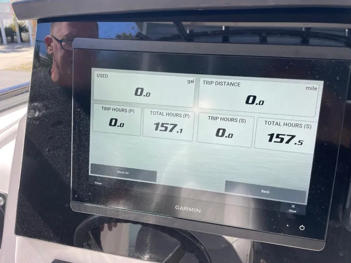  Yacht Photos Pics Garmin display on 2024 Sea Fox 288 Commander showing trip and total hours.