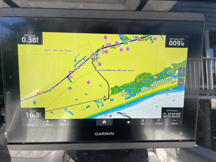  Yacht Photos Pics Garmin GPS display on 2024 Sea Fox 288 Commander, showing navigational map and data.